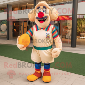 Tan Clown mascot costume character dressed with a Rugby Shirt and Foot pads