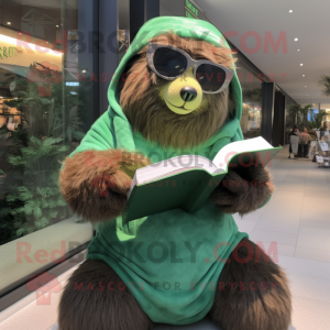 Forest Green Giant Sloth mascot costume character dressed with a Playsuit and Reading glasses