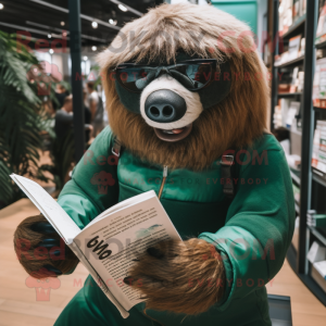 Forest Green Giant Sloth mascot costume character dressed with a Playsuit and Reading glasses