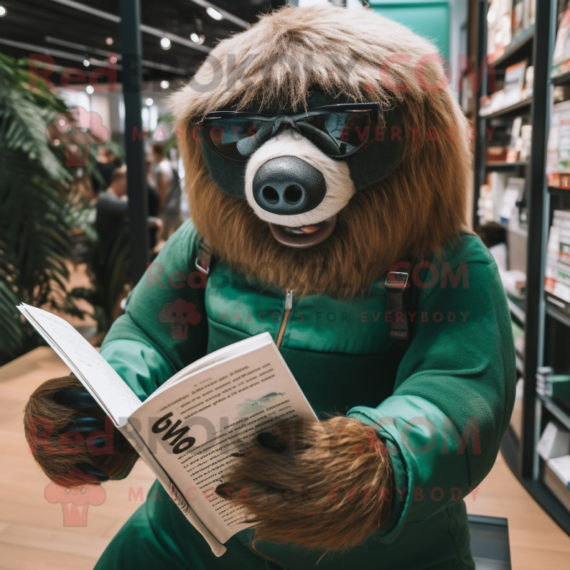 Forest Green Giant Sloth mascot costume character dressed with a Playsuit and Reading glasses Forest Green Giant Sloth mascot costume character dressed with a Playsuit and Reading glasses