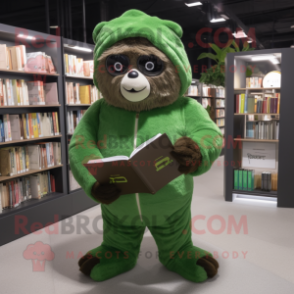 Forest Green Giant Sloth mascot costume character dressed with a Playsuit and Reading glasses