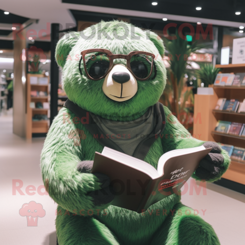 Forest Green Giant Sloth mascot costume character dressed with a Playsuit and Reading glasses