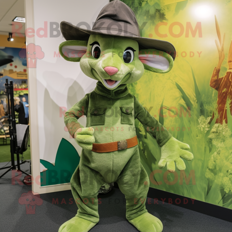 Green Kangaroo mascot costume character dressed with a Dungarees and Hats