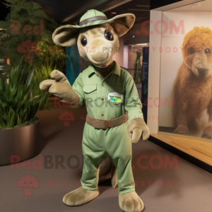 Green Kangaroo mascot costume character dressed with a Dungarees and Hats