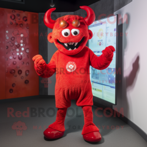 Red Devil mascot costume character dressed with a Playsuit and Headbands