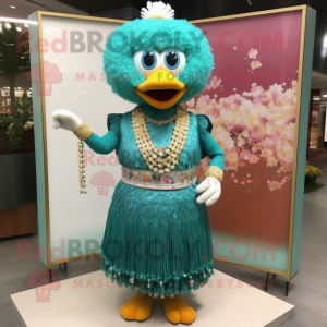 Teal Fried Rice mascot costume character dressed with a Empire Waist Dress and Necklaces