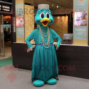 Teal Fried Rice mascot costume character dressed with a Empire Waist Dress and Necklaces