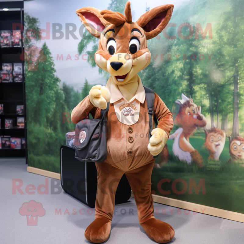 Brown Roe Deer mascot costume character dressed with a Mom Jeans and Coin purses