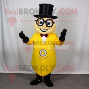 Yellow Ring Master mascot costume character dressed with a Vest and Eyeglasses