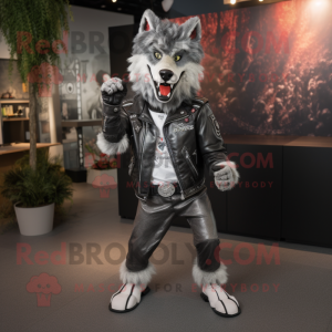 Silver Say Wolf mascot costume character dressed with a Biker Jacket and Cummerbunds