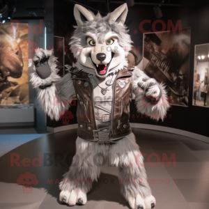 Silver Say Wolf mascot costume character dressed with a Biker Jacket and Cummerbunds
