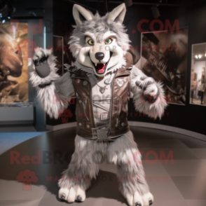 Silver Say Wolf mascot costume character dressed with a Biker Jacket and Cummerbunds