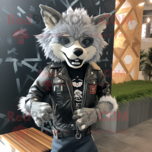 Silver Say Wolf mascot costume character dressed with a Biker Jacket and Cummerbunds