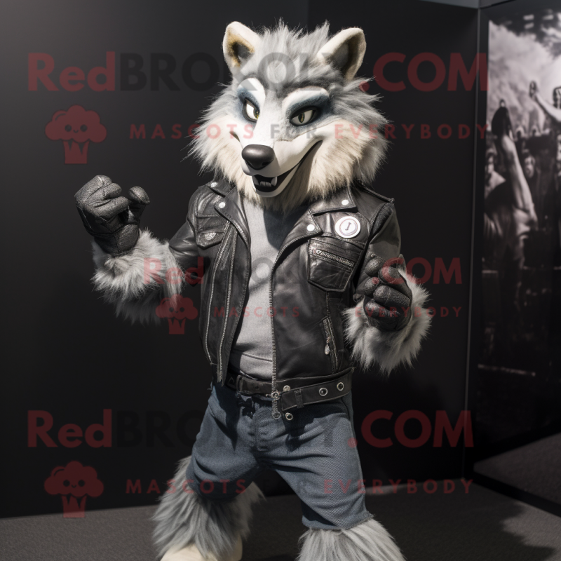 Silver Say Wolf mascot costume character dressed with a Biker Jacket and Cummerbunds Silver Say Wolf mascot costume character dressed with a Biker Jacket and Cummerbunds