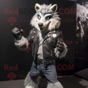 Silver Say Wolf mascot costume character dressed with a Biker Jacket and Cummerbunds