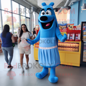 Blue Hot Dog mascot costume character dressed with a Pleated Skirt and Backpacks