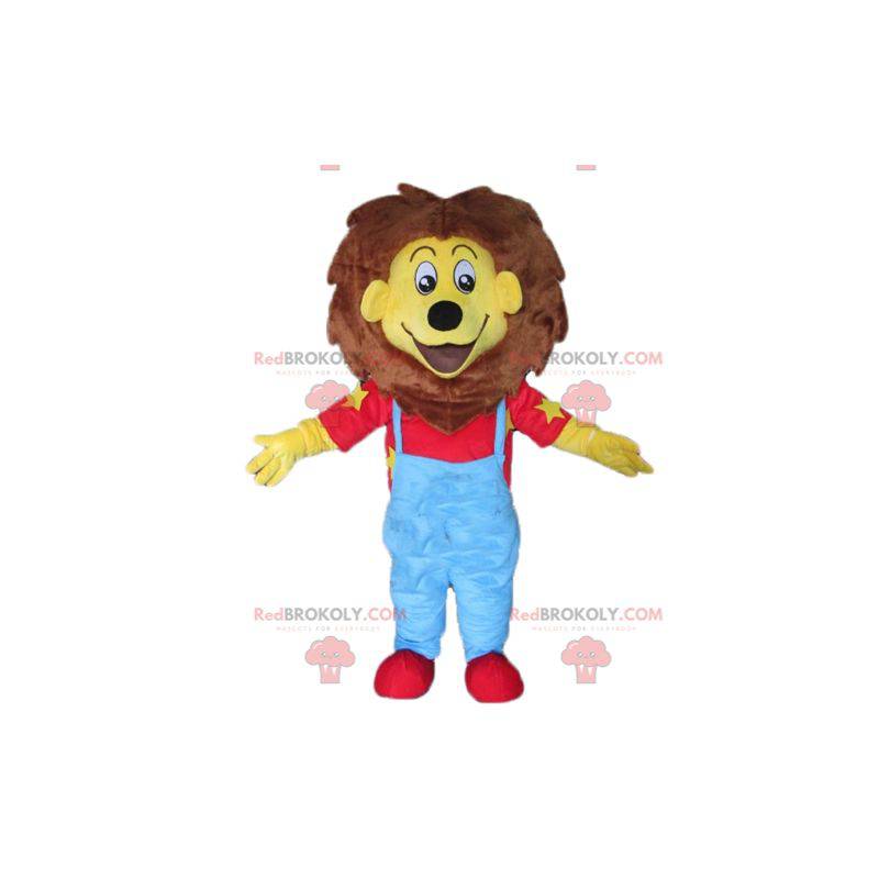 Maskott liten gul og brun løve i blått og rødt antrekk -