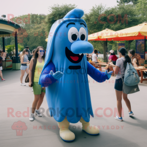 Blue Hot Dog mascot costume character dressed with a Pleated Skirt and Backpacks