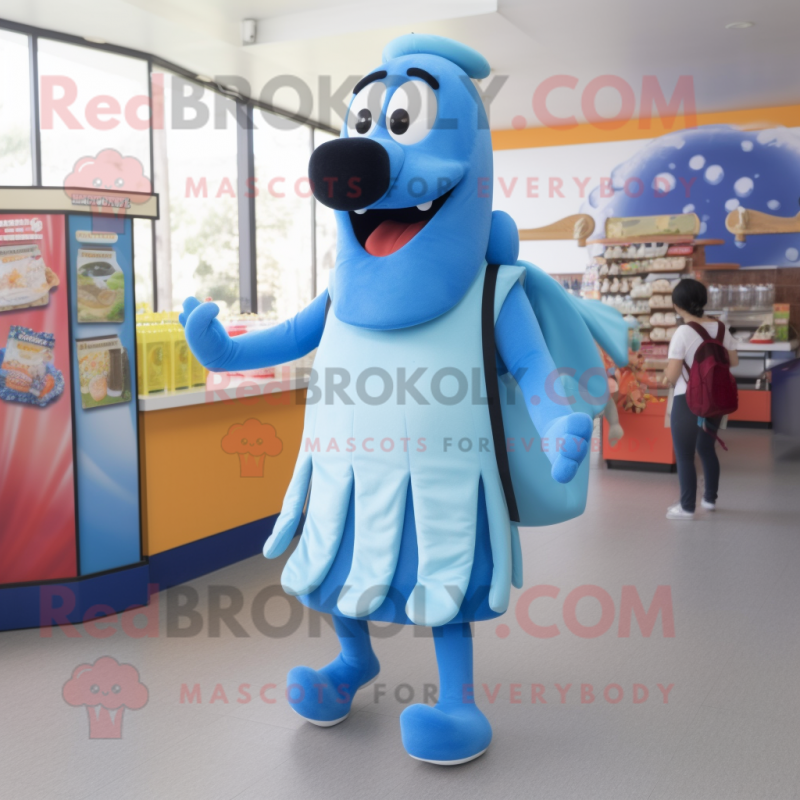 Blue Hot Dog mascot costume character dressed with a Pleated Skirt and Backpacks Blue Hot Dog mascot costume character dressed with a Pleated Skirt and Backpacks