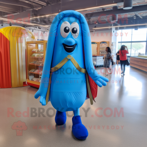 Blue Hot Dog mascot costume character dressed with a Pleated Skirt and Backpacks