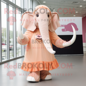 Peach Mammoth mascot costume character dressed with a Empire Waist Dress and Berets