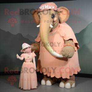 Peach Mammoth mascot costume character dressed with a Empire Waist Dress and Berets