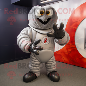 Gray Lobster mascot costume character dressed with a Jumpsuit and Rings