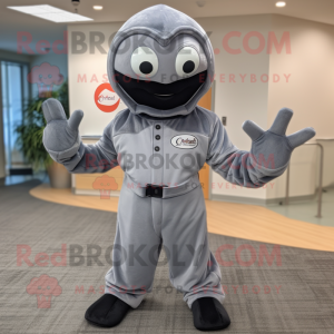 Gray Lobster mascot costume character dressed with a Jumpsuit and Rings