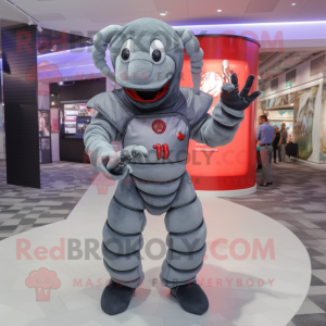 Gray Lobster mascot costume character dressed with a Jumpsuit and Rings