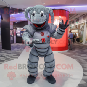 Gray Lobster mascot costume character dressed with a Jumpsuit and Rings