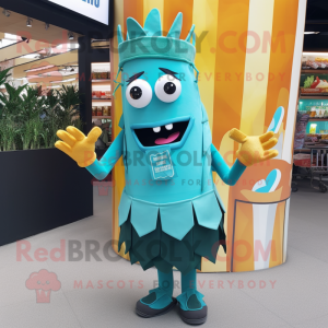 Turquoise French Fries mascot costume character dressed with a Mini Skirt and Necklaces