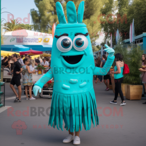 Turquoise French Fries mascot costume character dressed with a Mini Skirt and Necklaces