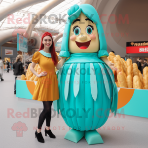 Turquoise French Fries mascot costume character dressed with a Mini Skirt and Necklaces