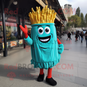 Turquoise French Fries mascot costume character dressed with a Mini Skirt and Necklaces