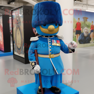 Blue British Royal Guard mascot costume character dressed with a Wrap Dress and Handbags