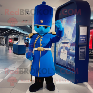 Blue British Royal Guard mascot costume character dressed with a Wrap Dress and Handbags