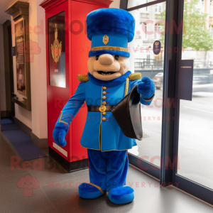 Blue British Royal Guard mascot costume character dressed with a Wrap Dress and Handbags