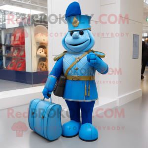 Blue British Royal Guard mascot costume character dressed with a Wrap Dress and Handbags