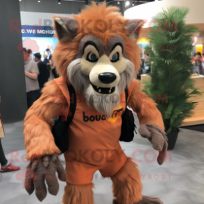 Peach Werewolf mascot costume character dressed with a Oxford Shirt and Backpacks