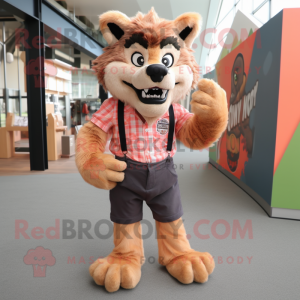 Peach Werewolf mascot costume character dressed with a Oxford Shirt and Backpacks