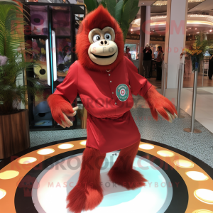 Red Orangutan mascot costume character dressed with a Circle Skirt and Earrings