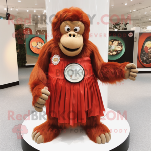 Red Orangutan mascot costume character dressed with a Circle Skirt and Earrings