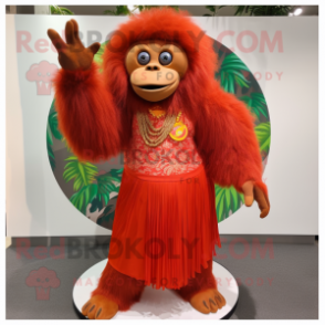 Red Orangutan mascot costume character dressed with a Circle Skirt and Earrings