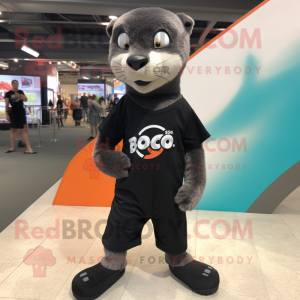 Black Mongoose mascot costume character dressed with a Graphic Tee and Shoe laces