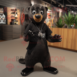 Black Mongoose mascot costume character dressed with a Graphic Tee and Shoe laces