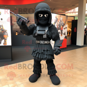 Black Gi Joe mascot costume character dressed with a Pleated Skirt and Anklets