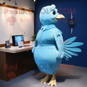 Cyan Dove mascot costume character dressed with a Pencil Skirt and Lapel pins