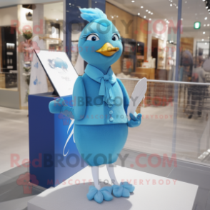 Cyan Dove mascot costume character dressed with a Pencil Skirt and Lapel pins