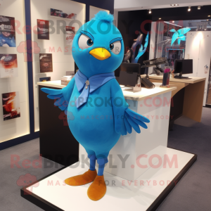 Cyan Dove mascot costume character dressed with a Pencil Skirt and Lapel pins