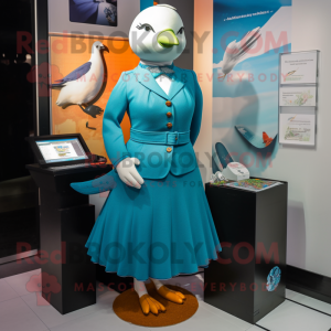 Cyan Dove mascot costume character dressed with a Pencil Skirt and Lapel pins